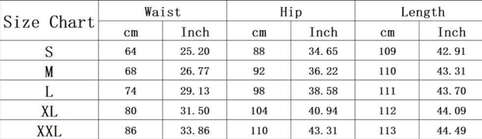 size chart of colorful party skirt