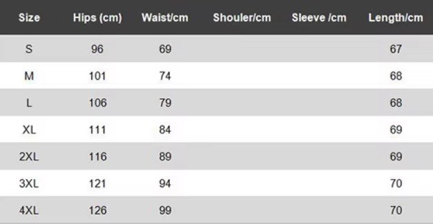 size chart of colorful pencil skirt