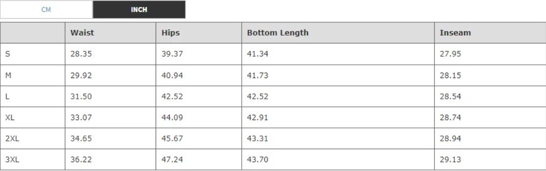 size chart of colorful plaid pants