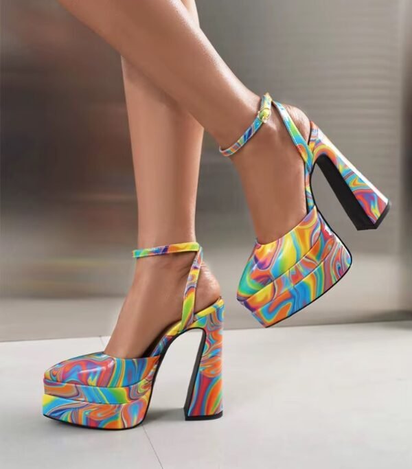 woman wearing colorful platform heels