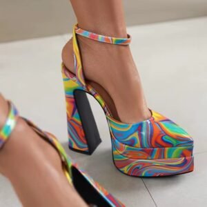 woman wearing colorful platform heels, white floor under her