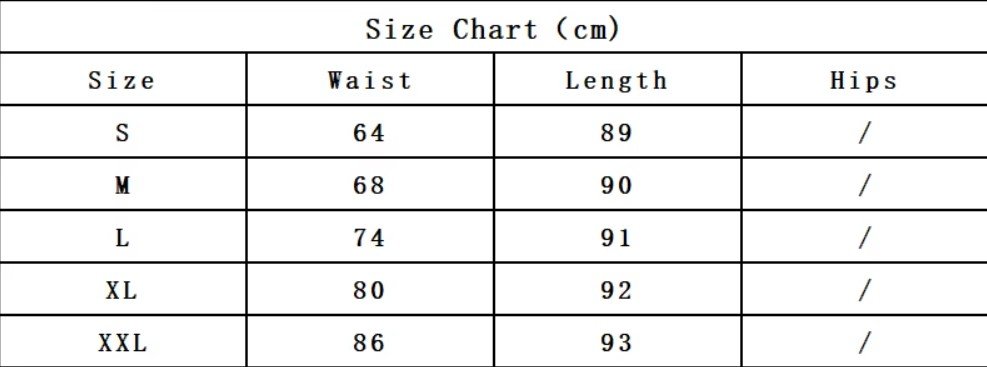 size chart of colorful pleated skirt 