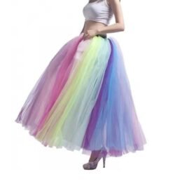 woman wearing colorful princess skirt, white background
