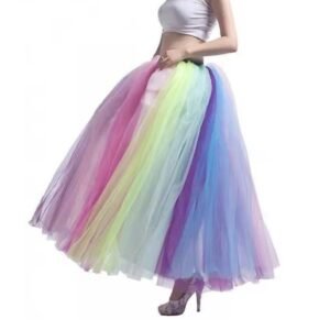 woman wearing colorful princess skirt, white background