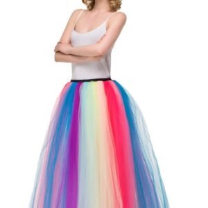 woman wearing colorful princess skirt and a white top, white background