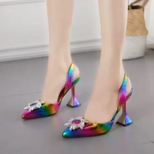 woman wearing colorful rhinestone heels