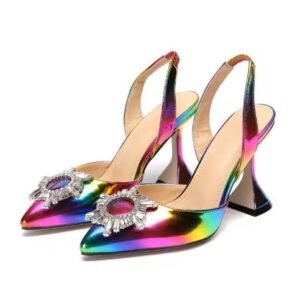 side view of colorful rhinestone heels on the white background