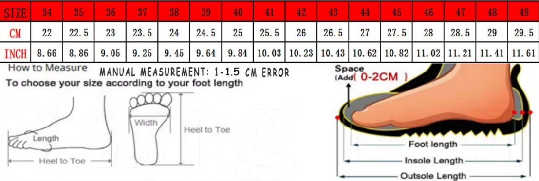 size chart of colorful sandals for women