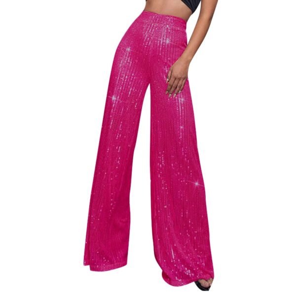 woman wearing hot pink colorful sequin pants, white background