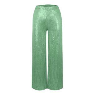 front view of light green colorful sequin pants on the white background