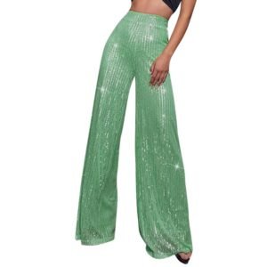 woman wearing light green colorful sequin pants, white background