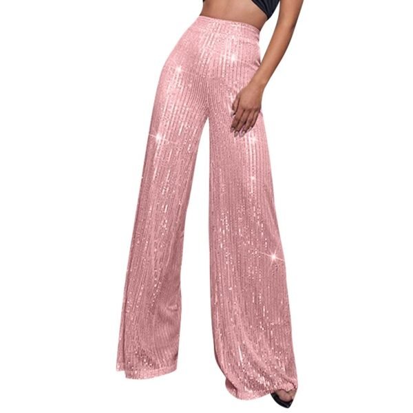 woman wearing light pink colorful sequin pants, white background