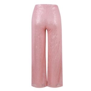 back view of light pink colorful sequin pants on the white background