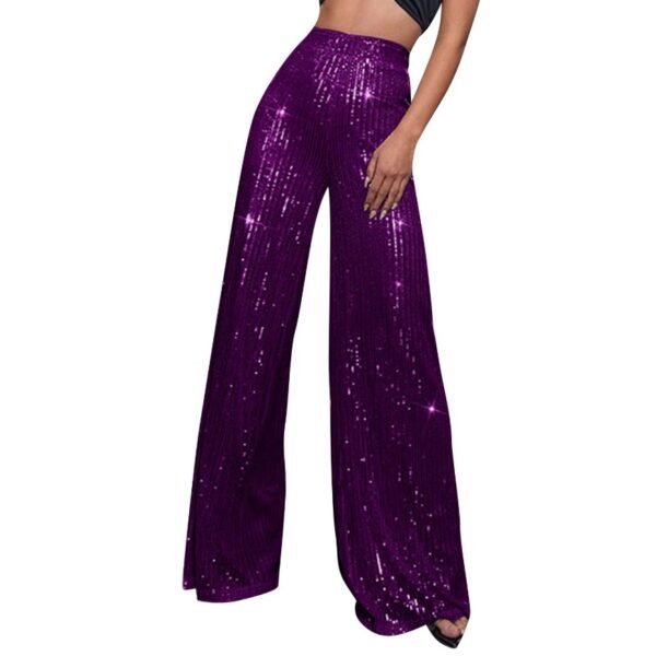 woman wearing purple colorful sequin pants, white background