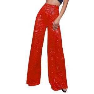 woman wearing red colorful sequin pants, white background