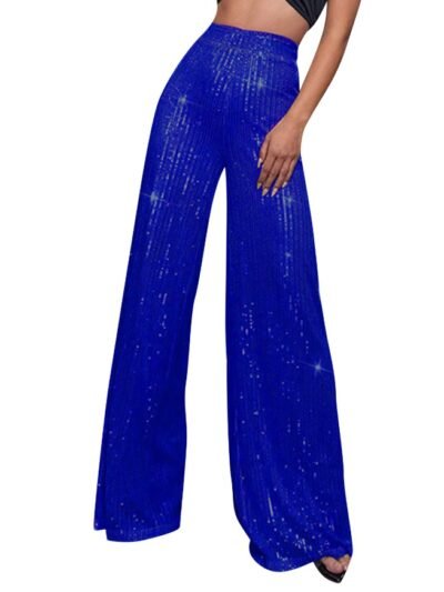 woman wearing royal blue colorful sequin pants, white background