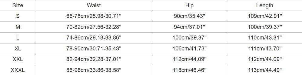 size chart of colorful sequin pants