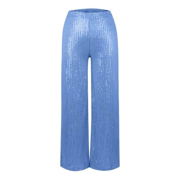 front view of sky blue colorful sequin pants on the white background