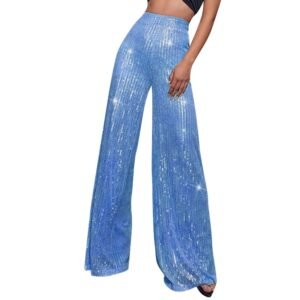 woman wearing sky blue colorful sequin pants, white background