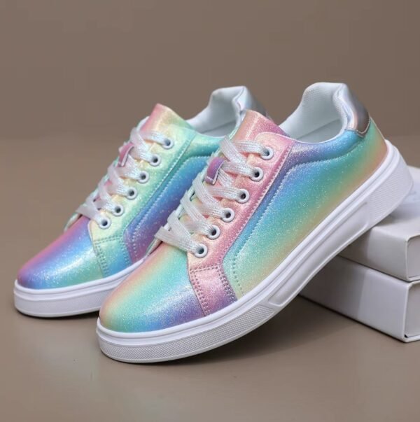 colorful skate sneakers lying on a white box