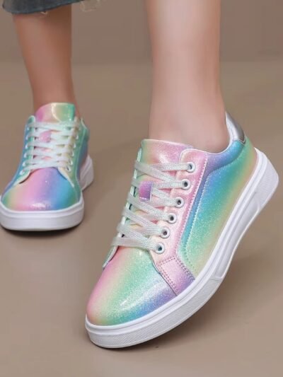 woman wearing colorful skate sneakers and putting one foot up