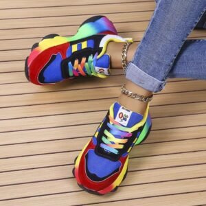 woman wearing colorful sneakers for women, jeans and two ankle bracelets