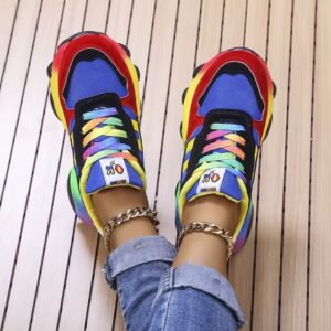 woman wearing colorful sneakers for women and jeans