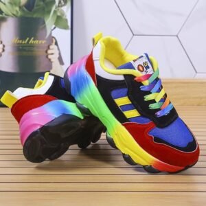 colorful sneakers for women front and side view on the wooden floor