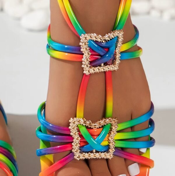 material and decorations of colorful square sandals