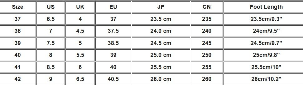 size chart of colorful square sandals