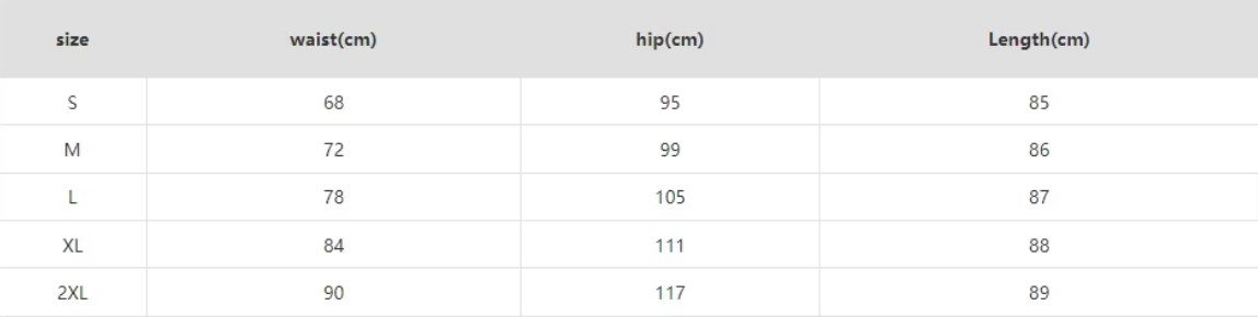 size chart of colorful tropical skirt