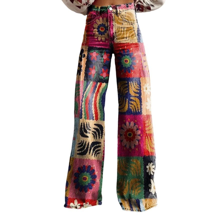 woman wearing colorful vintage pants, white backgorund