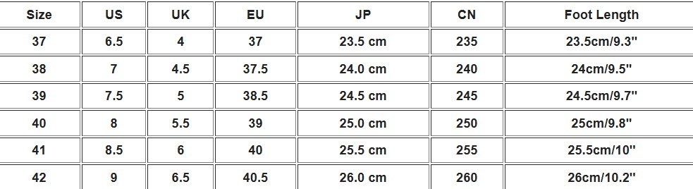 size chart of colorful wedge sandals 