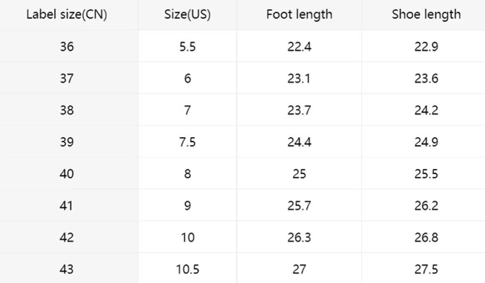 size chart of colorful womens sneakers