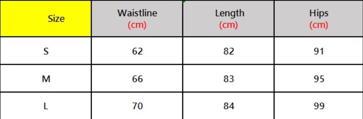 size chart of colorful zebra skirt 