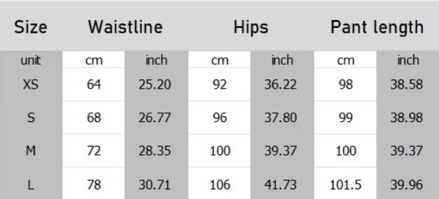 size chart of elegant colorful pants