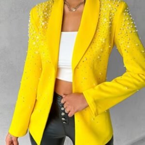 woman wearing unzipped female yellow blazer, white top and black pants