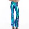 woman wearing holographic pants and black high heels, white background