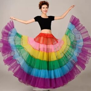 woman spinning with long colorful skirt flowing around her