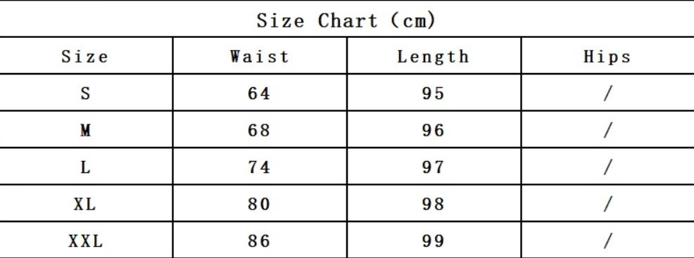 size chart of multi color maxi skirt