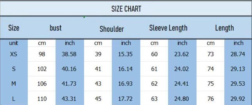 size chart of multicolor blazer