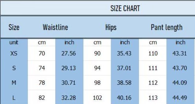 size chart of multicolor pants