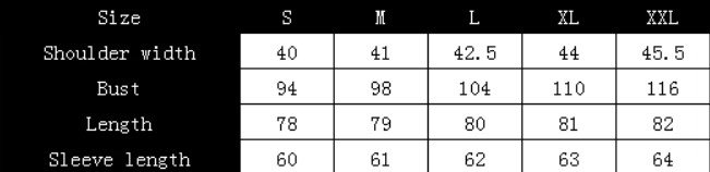 size chart of multicolored blazer