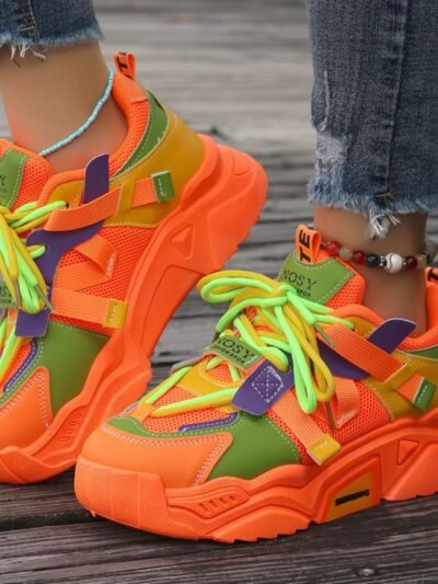 woman wearing neon colorful sneakers and lifting one foot from grey wooden ground