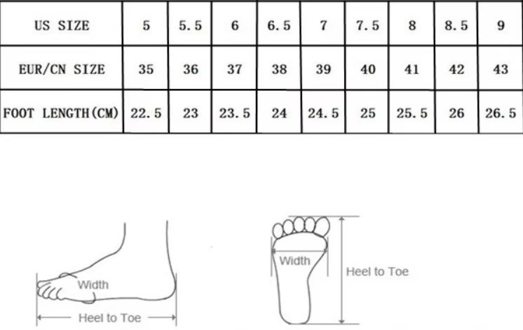 size chart of open toe colorful sandals