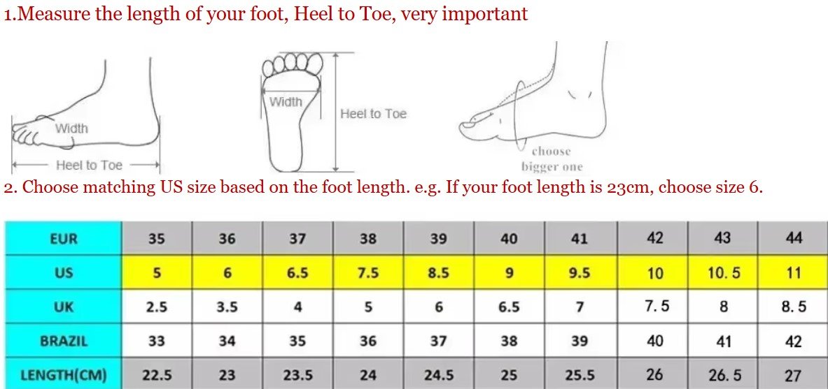 size chart of orange heels