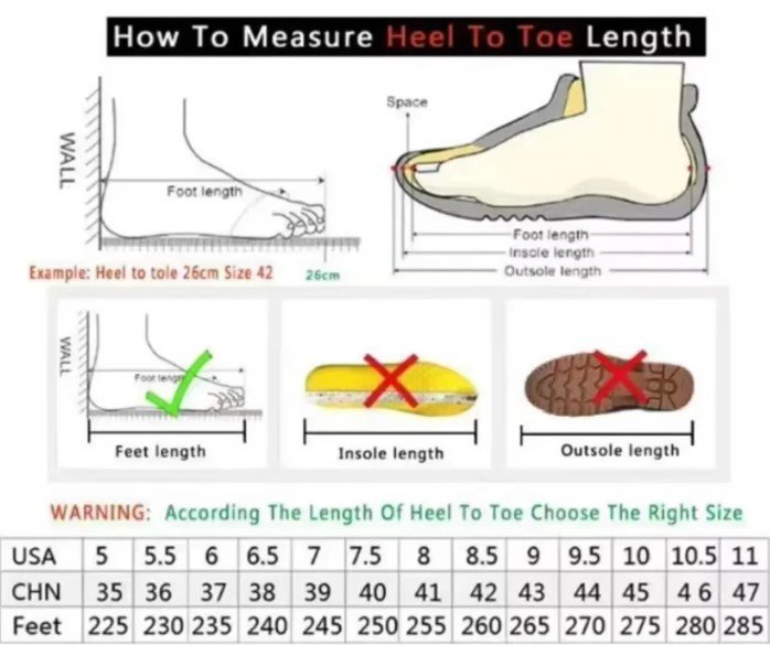 size chart and measuring tips for pastel sneakers