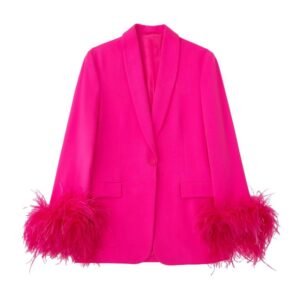 pink blazer with feathers on the white background