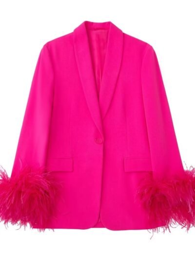 pink blazer with feathers on the white background
