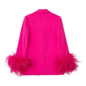 back view of pink blazer with feathers on the white background